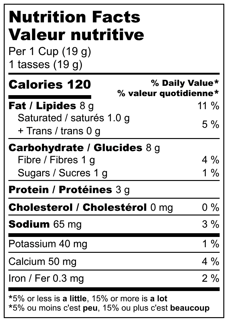 Nutrition facts label for a snack product with detailed calorie count and nutritional information.